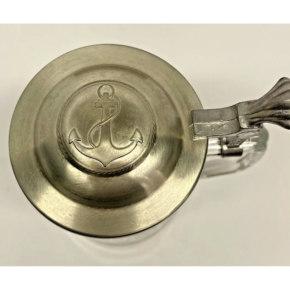 Old Spice Columbia 1901 Beer Stein ALWE Etched Glass Pewter Anchor Lid W Germany